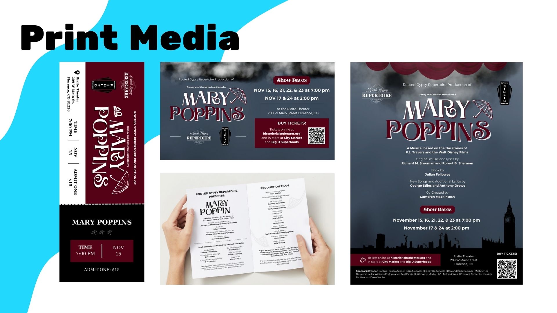 A screenshot of some of the traditional and digital assets used to promote the the Mary Poppins show by Rooted Gypsy Repertoire