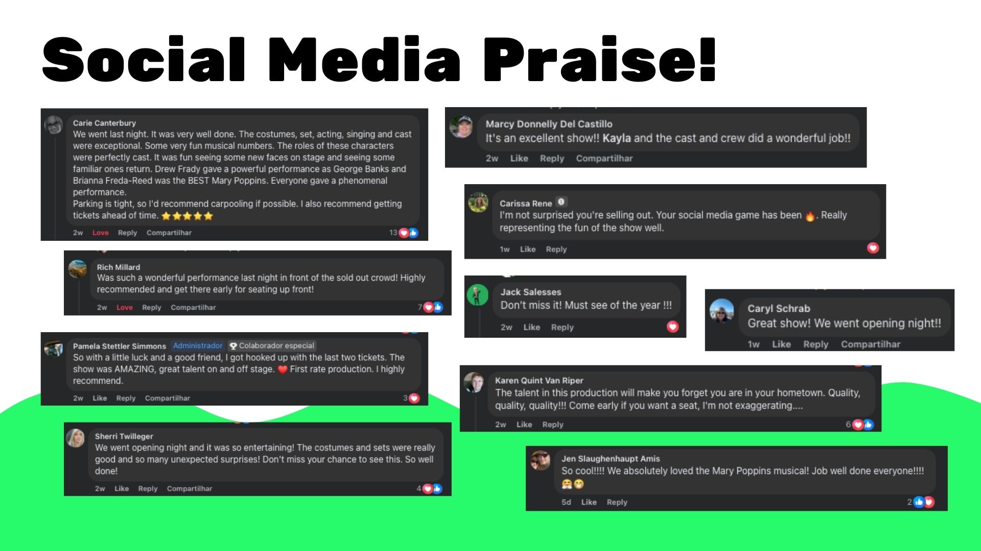 A screenshot of social media praise for Rooted Gypsy Repertoire's Mary Poppins Performance.